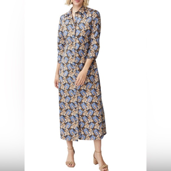 NWT! J. McLaughlin Louisa Dress in Camel/ Blue Pomegranate Grove Midi Dress XS - Picture 5 of 8